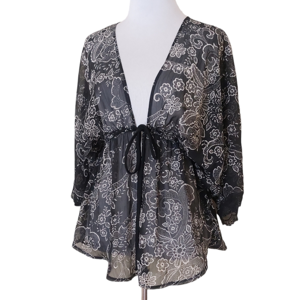 Sheer Floral Black & White Open Front Kimono Cover Up Blouse by Wrapper